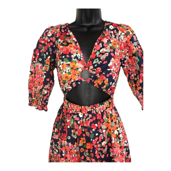 Red orange floral multi midriff cut out cotton v-neck midi dress size medium new - Picture 14 of 16